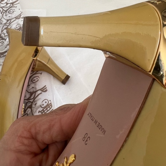 PRADA Patent Leather Yellow Peep Toe Heel w/Signature Gold Tone Plate - Picture 6 of 13